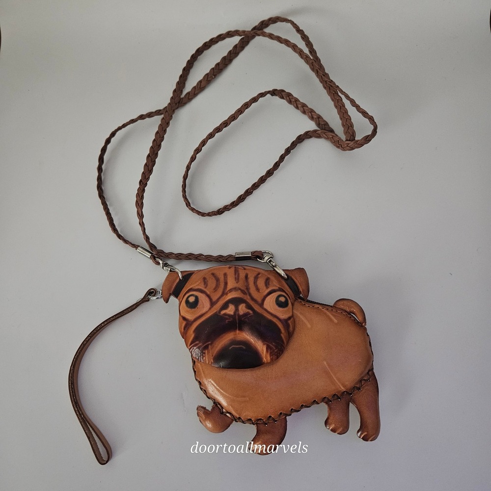 Vintage Handmade Leather Pug Dog Crossbody Coin Purse Animal Bag Wristlet